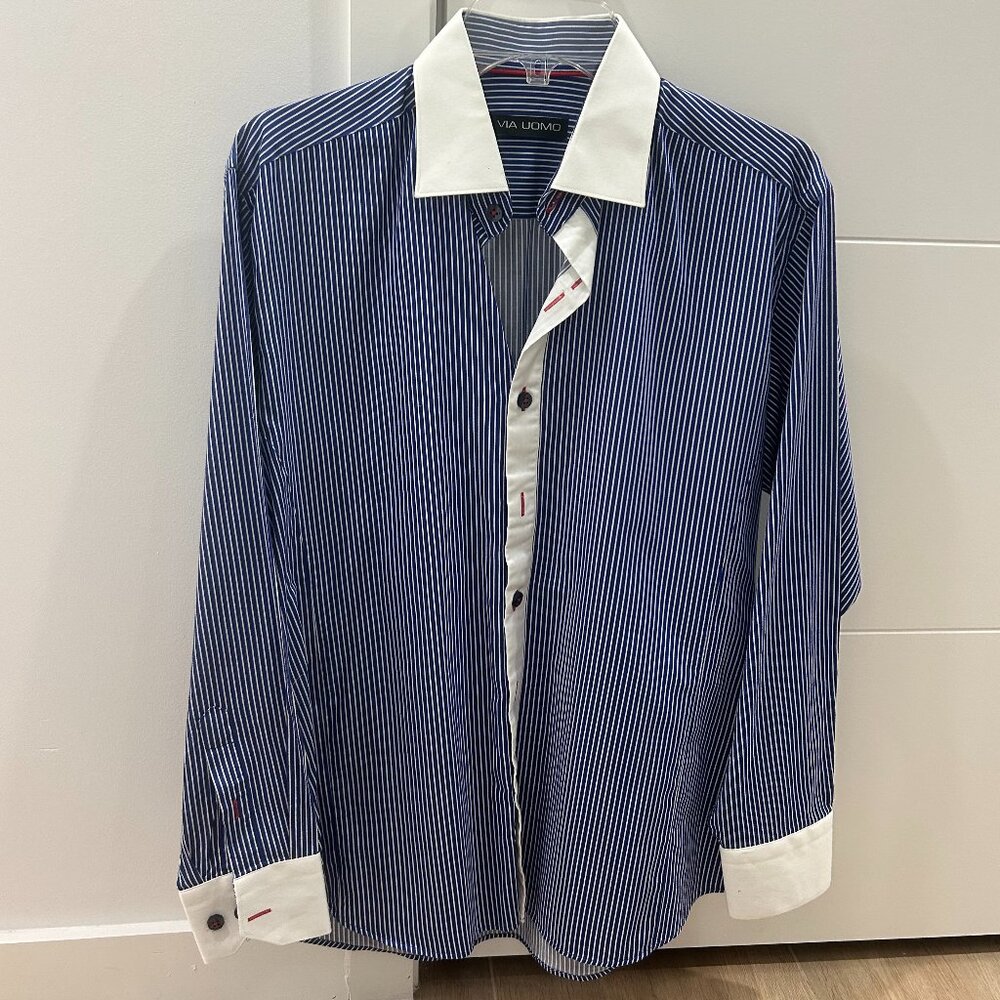 Via Uomo Dress Shirt Blue White Pinstripe